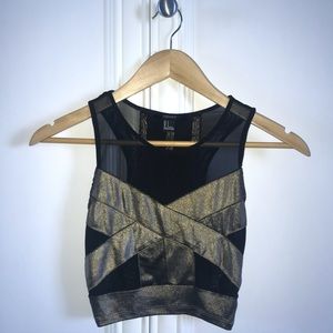 SHEER MESH MIXED MEDIA CROP TOP BLK/GOLD S